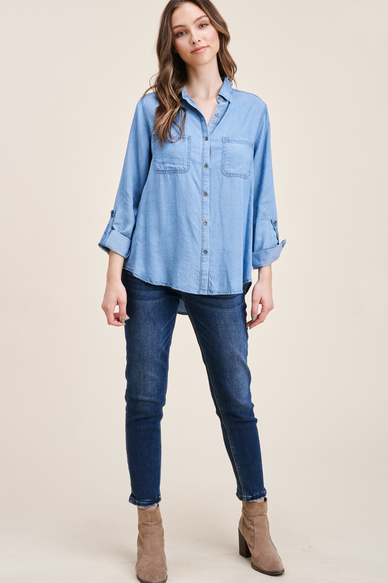 A Pea in the Pod Long Sleeve Denim Button-Up Maternity Shirt